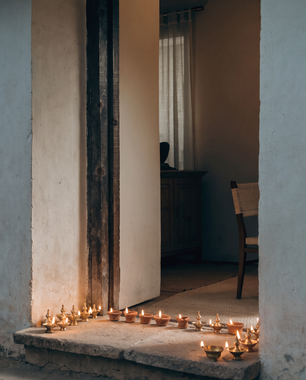 Diyas along a threshold at dusk