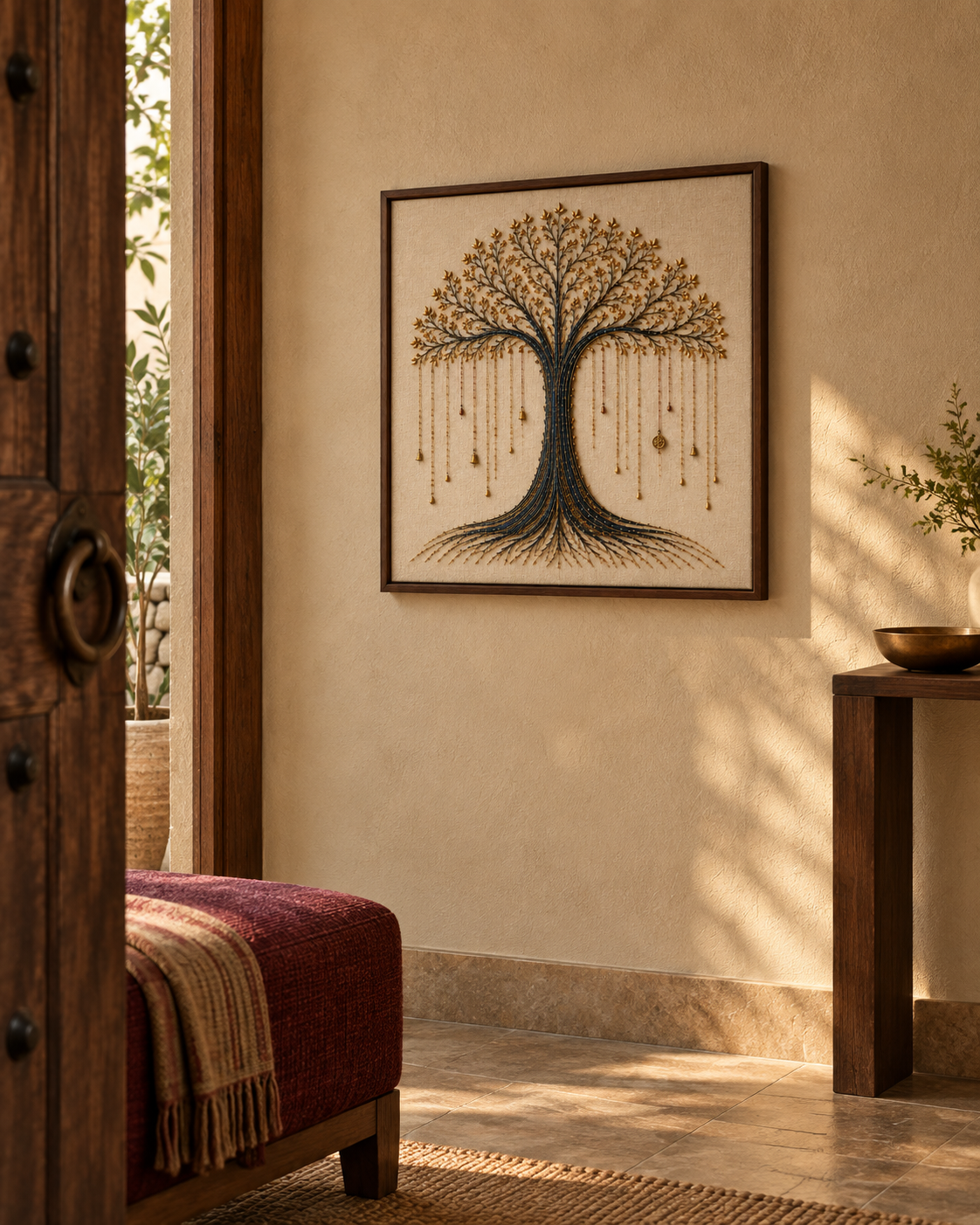Kalpavriksha artwork displayed in a quiet contemporary Indian entrance.