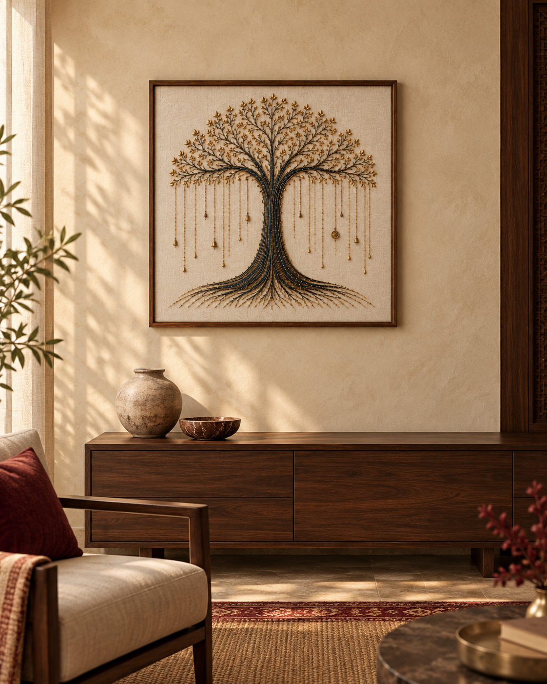 Kalpavriksha artwork displayed in a warm contemporary Indian living room.