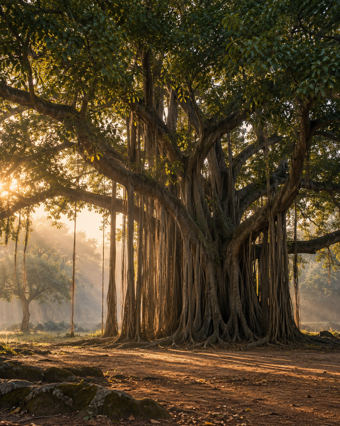 An old banyan tree at dawn, evoking the source and presence of Kalpavriksha.
