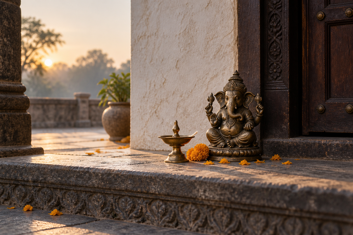 A bronze Ganesha beside a diya at an old Indian threshold in first light.