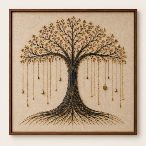Hand-embroidered Kalpavriksha textile artwork by Vedras in deep Neela and muted antique gold.