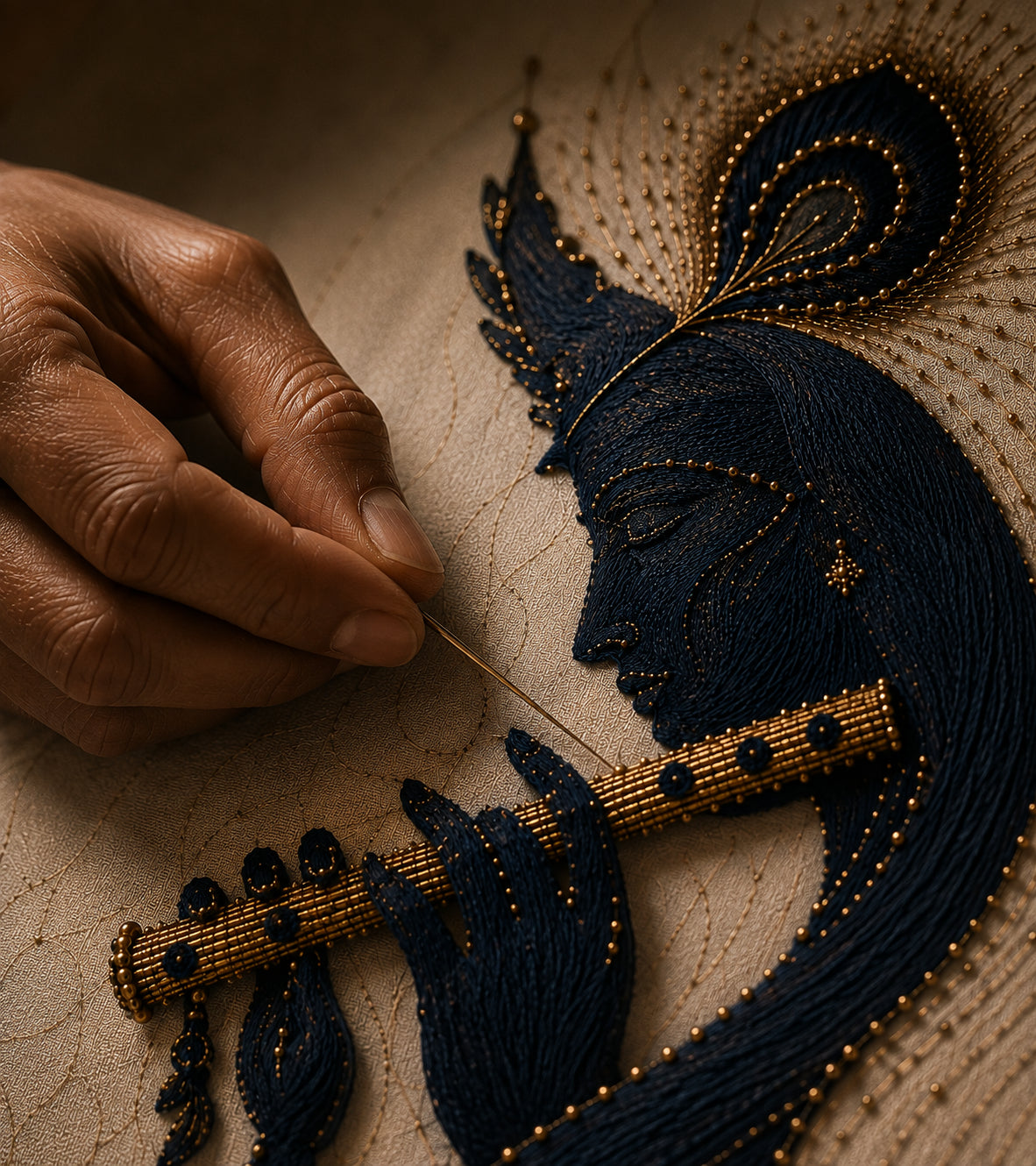 Hand stitching Venu Gita embroidery detail